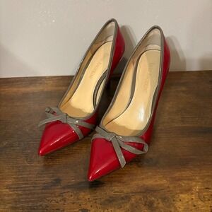 Enzo‎ Angioloini Red Patent Leather Pointed Stiletto 3-inch Heel Gray Bow (5.5)